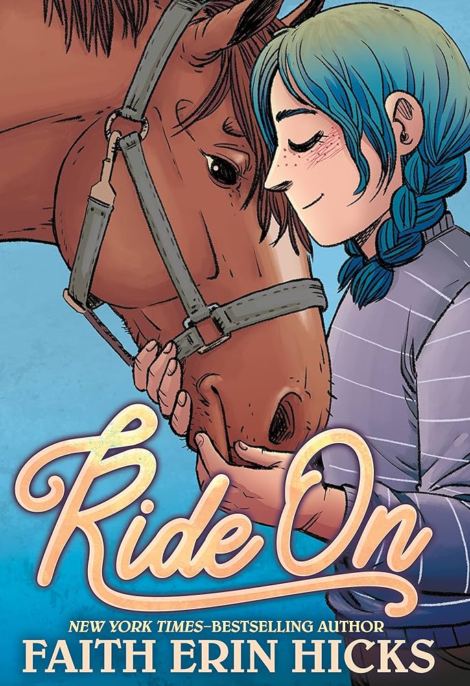 Illustration of a close up of a girl with blue hair hugging a horses head.
