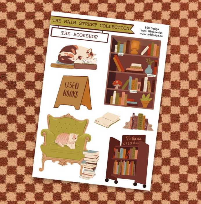 Illustrations of a used book store in a sticker set. 