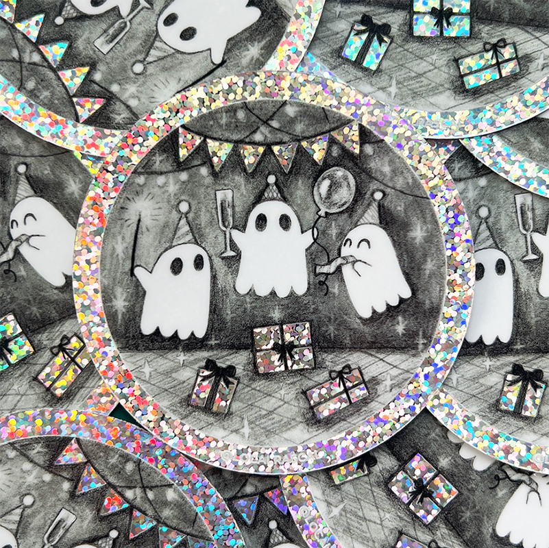 An illustration of ghosts having a party.